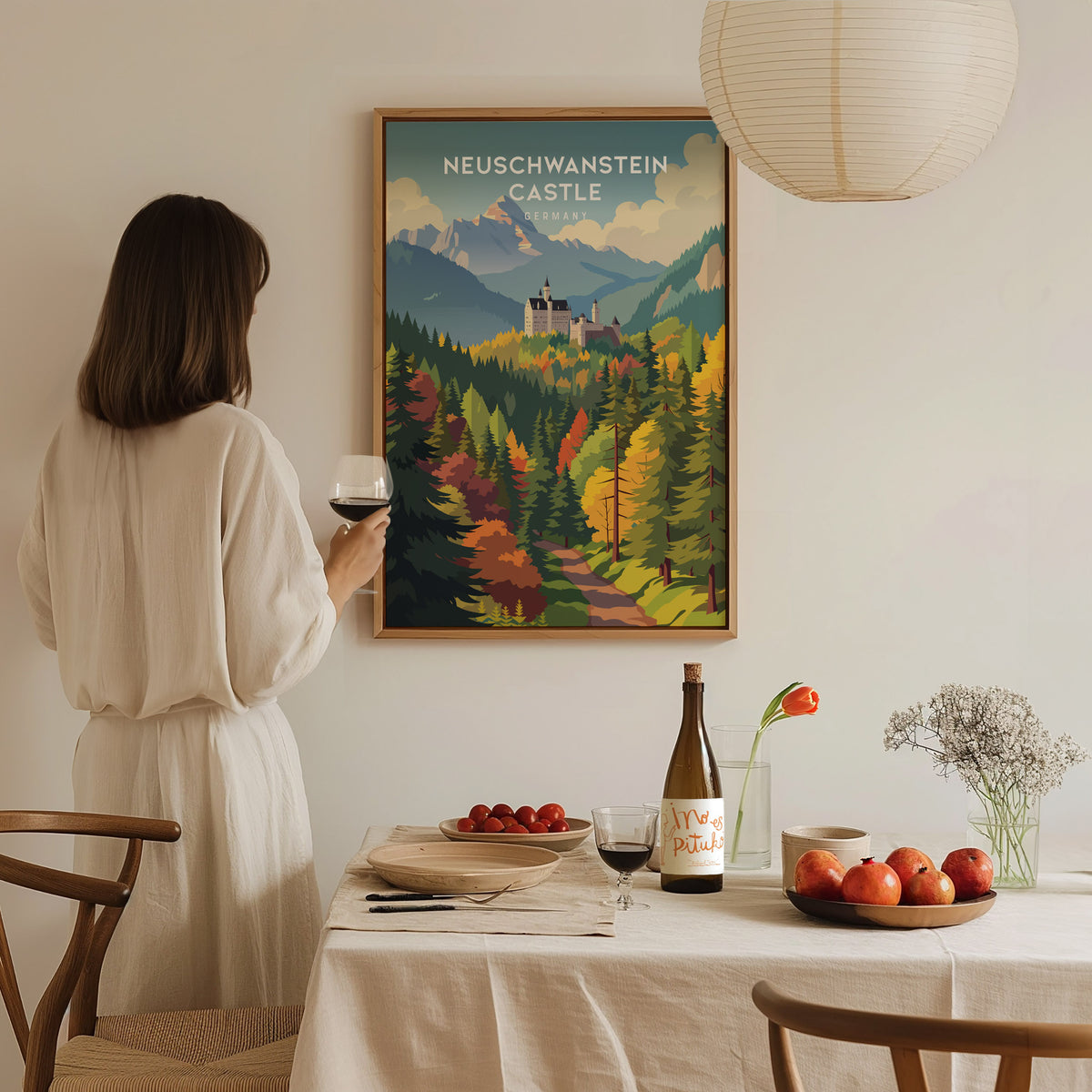Neuschwanstein Castle, Germany Poster | Fairytale Alpine Fortress Framed or Unframed Wall Art — styled in a modern interior