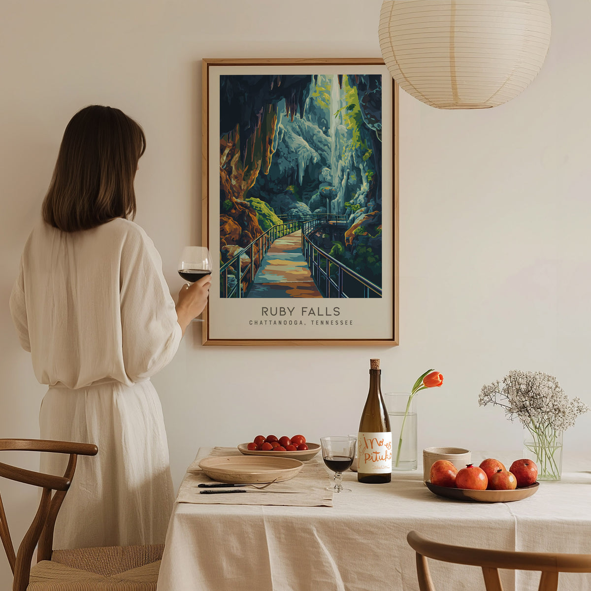 Ruby Falls Matte Border Poster | Chattanooga, Tennessee Destination Print — styled in a modern interior