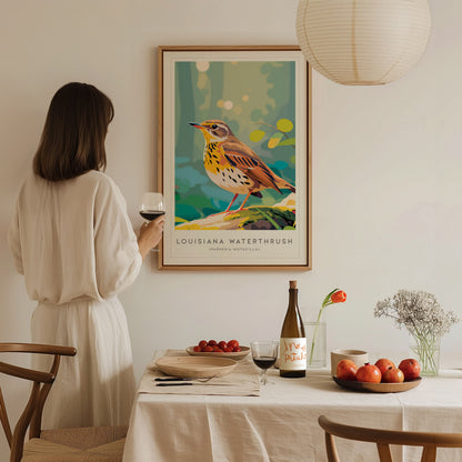 Louisiana Waterthrush, Parkesia motacilla Poster | Streamside Songbird Nature Wall Art — styled in a modern interior