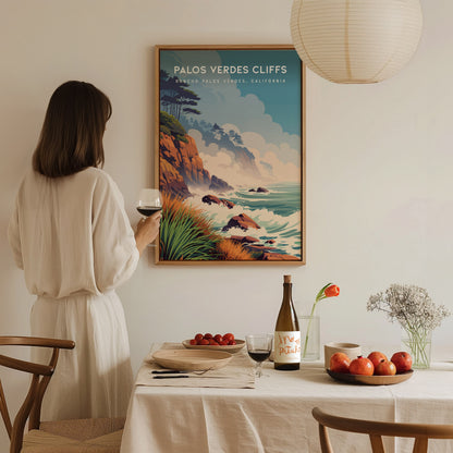 Palos Verdes Cliffs, California Poster | Dramatic Coastal Bluffs Wall Art — styled in a modern interior