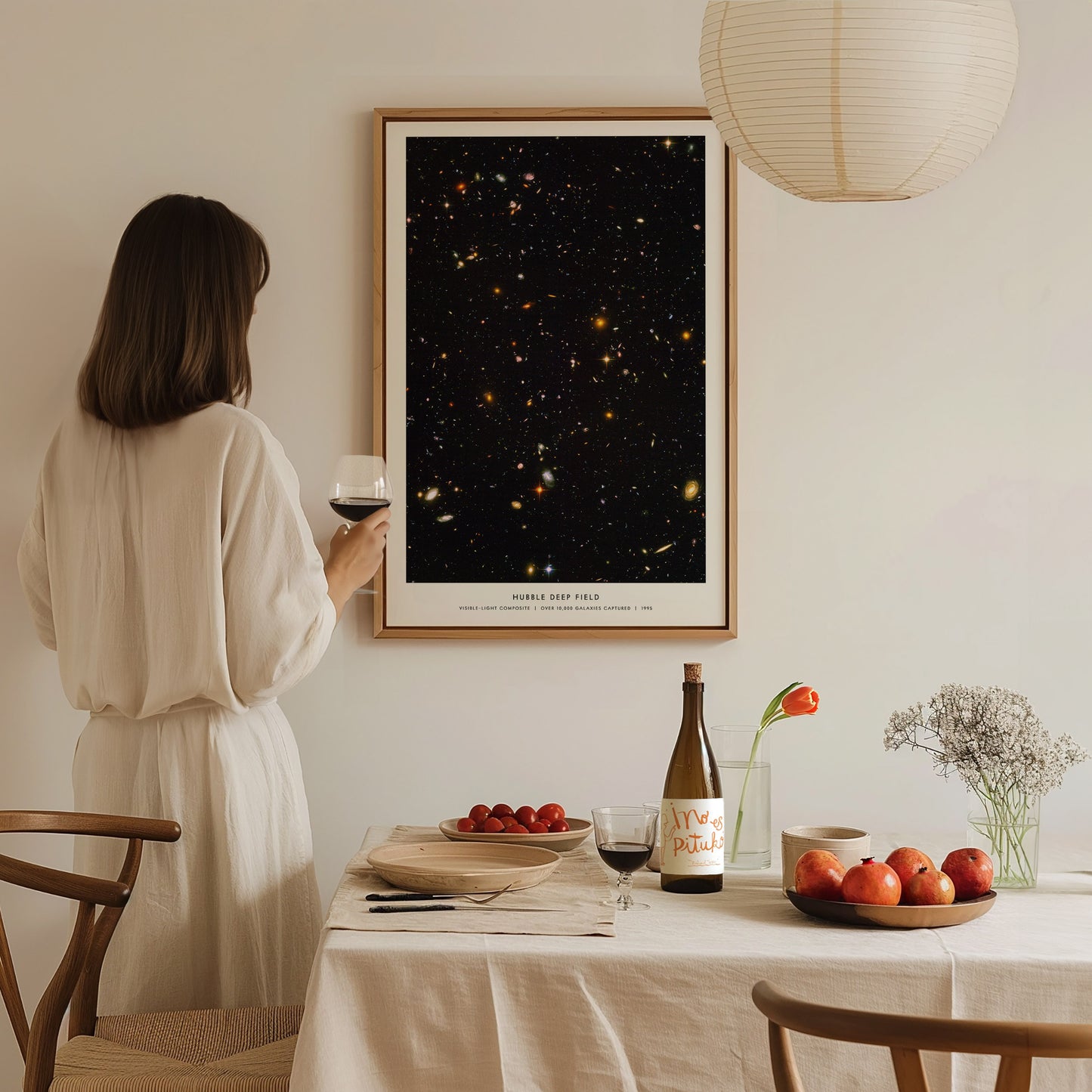 Hubble Deep Field galaxy poster in a floating frame canvas displayed on a clean white wall
