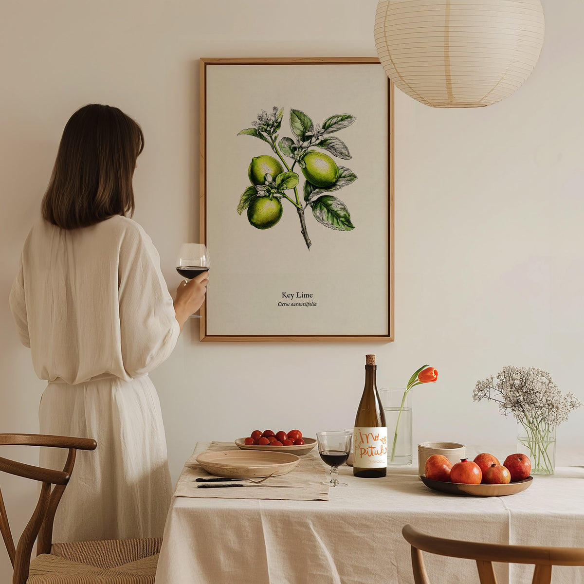 Key Lime Poster | Citrus aurantiifolia Vintage Botanical Illustration Pen and Ink Print — styled in a modern interior