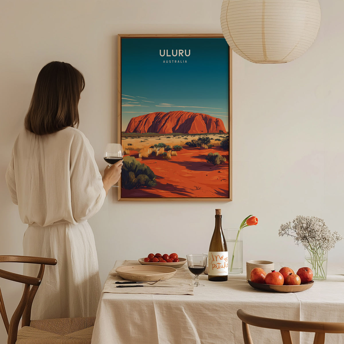Uluru, Australia Poster | Sacred Red Rock Desert Destination Print Wall Art — styled in a modern interior