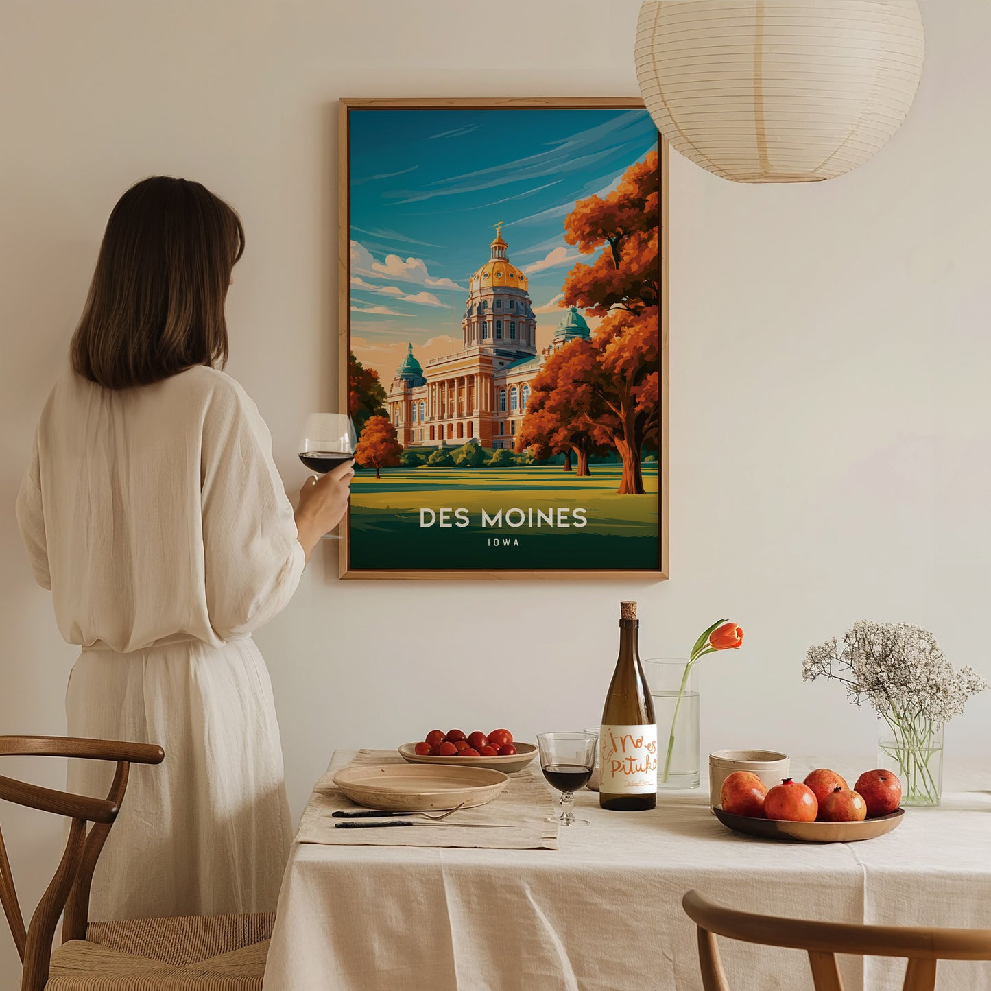 Des Moines, Iowa Poster | Golden Dome & Skyline Destination Print Wall Art — styled in a modern interior