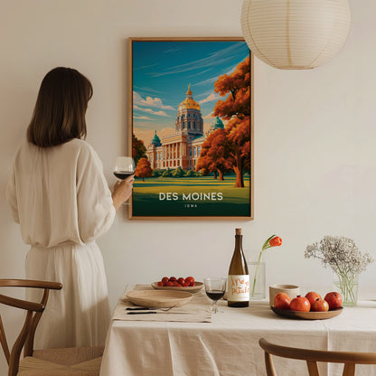 Des Moines, Iowa Poster | Golden Dome & Skyline Destination Print Wall Art — styled in a modern interior
