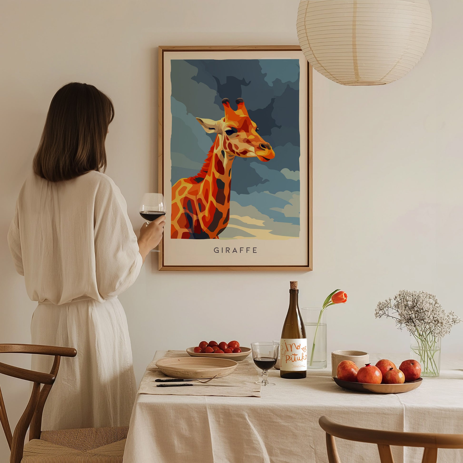 Neon Giraffe Pop Art Poster | Retro 80s Safari Wall Art Print — styled in a modern interior