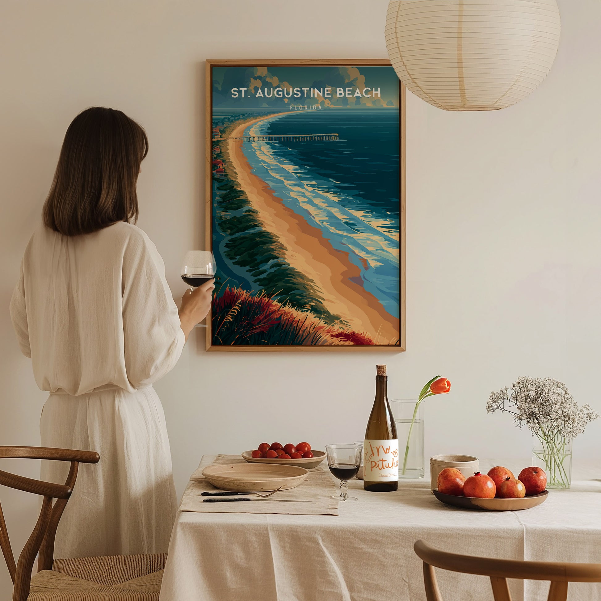 St. Augustine Beach, Florida Poster | Sun-Kissed Shores & Pier Wall Art — styled in a modern interior