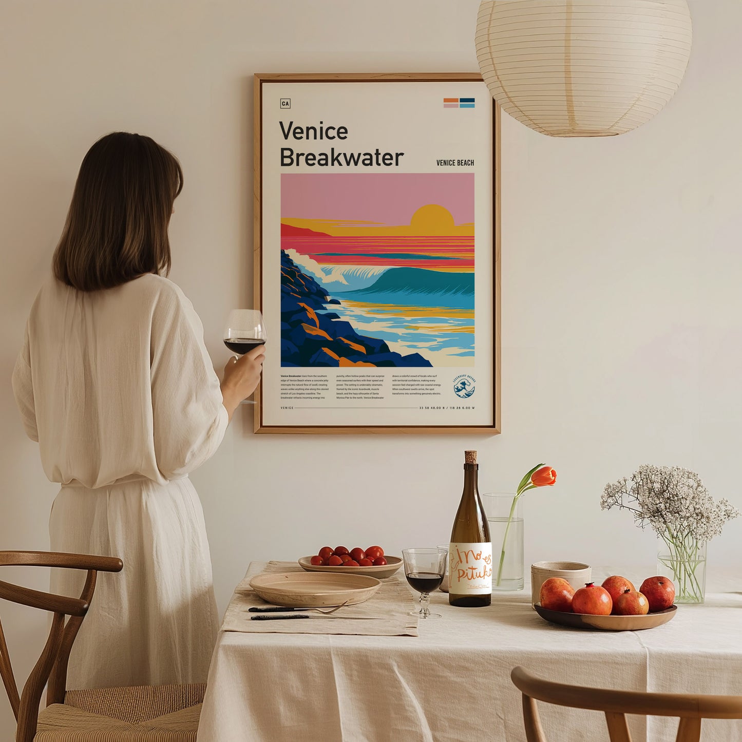 Venice Breakwater, California Poster | Surf & Stone Jetty Coastal Wall Art — styled in a modern interior
