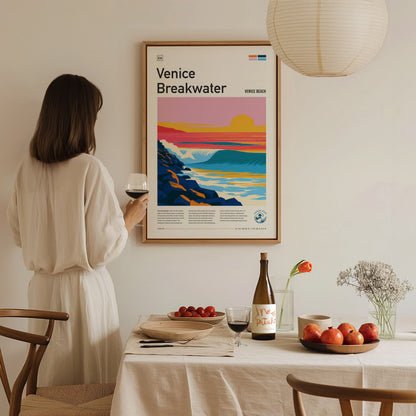 Venice Breakwater, California Poster | Surf & Stone Jetty Coastal Wall Art — styled in a modern interior