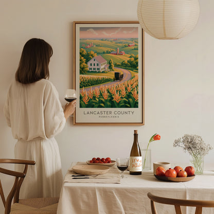 Lancaster County Matte Border Poster | Pennsylvania Destination Print Travel Wall Art — styled in a modern interior