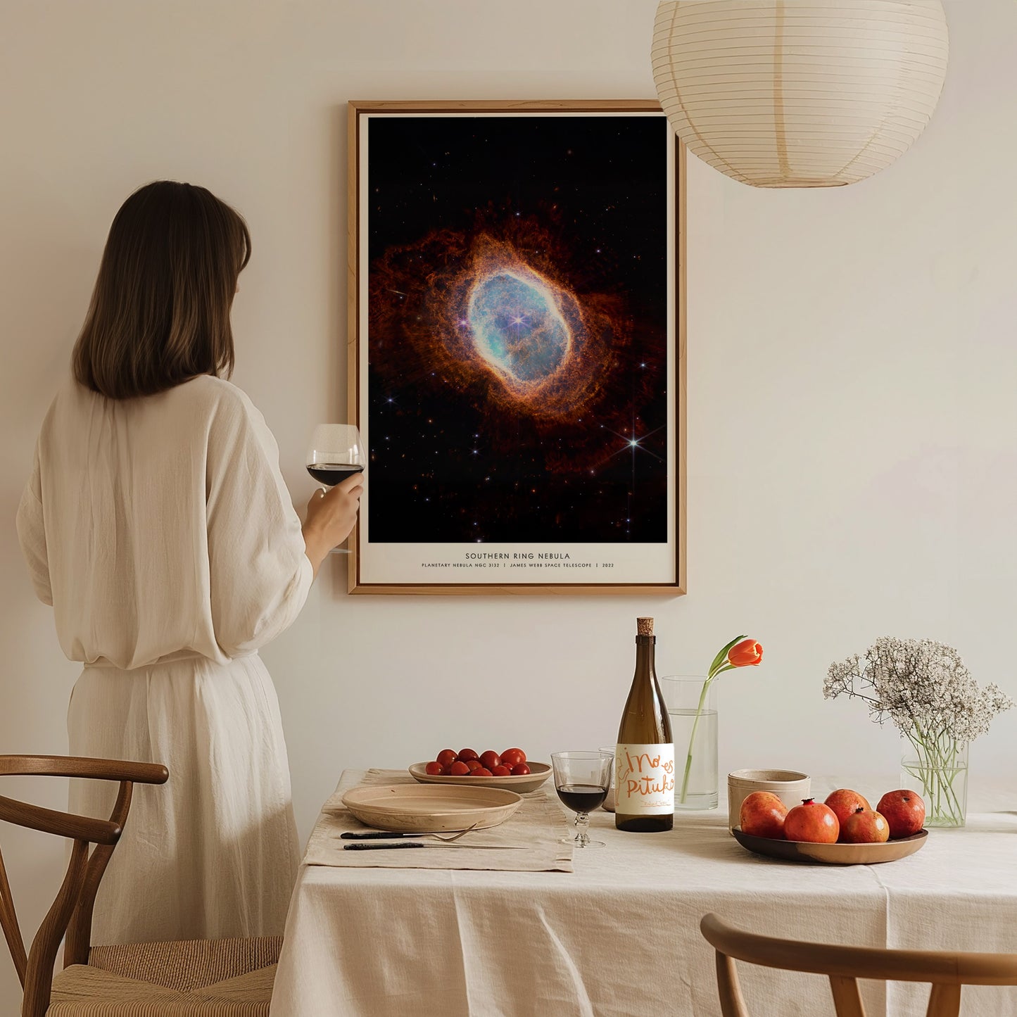 Southern Ring Nebula NGC 3132 print in a floating frame canvas displayed on a clean white wall