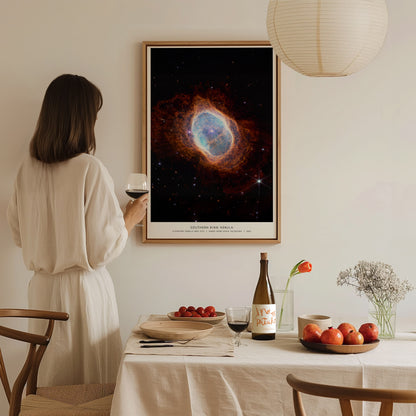 Southern Ring Nebula NGC 3132 print in a floating frame canvas displayed on a clean white wall