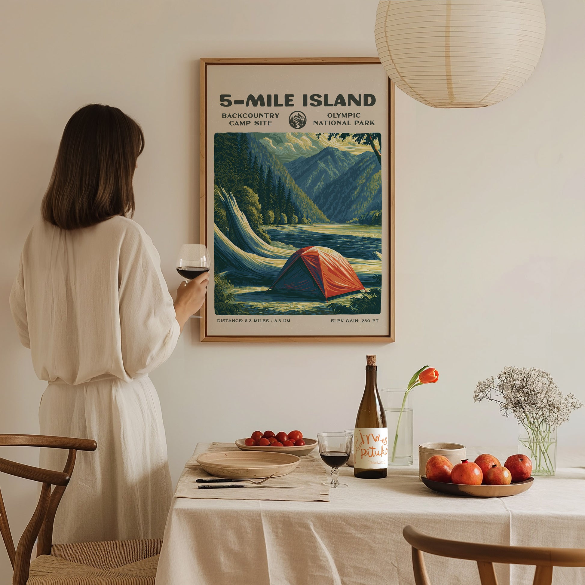 5-Mile Island, Olympic National Park Poster | Hiker Gift | Rainforest River Backcountry Wall Art — styled in a modern interio
