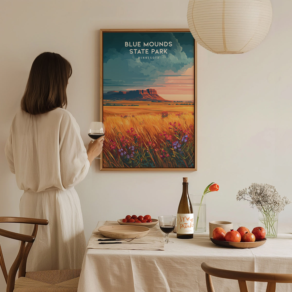 Blue Mounds State Park, Minnesota Poster | Prairie Bluffs & Bison Travel Wall Art — styled in a modern interior