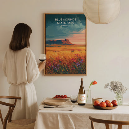 Blue Mounds State Park, Minnesota Poster | Prairie Bluffs & Bison Travel Wall Art — styled in a modern interior