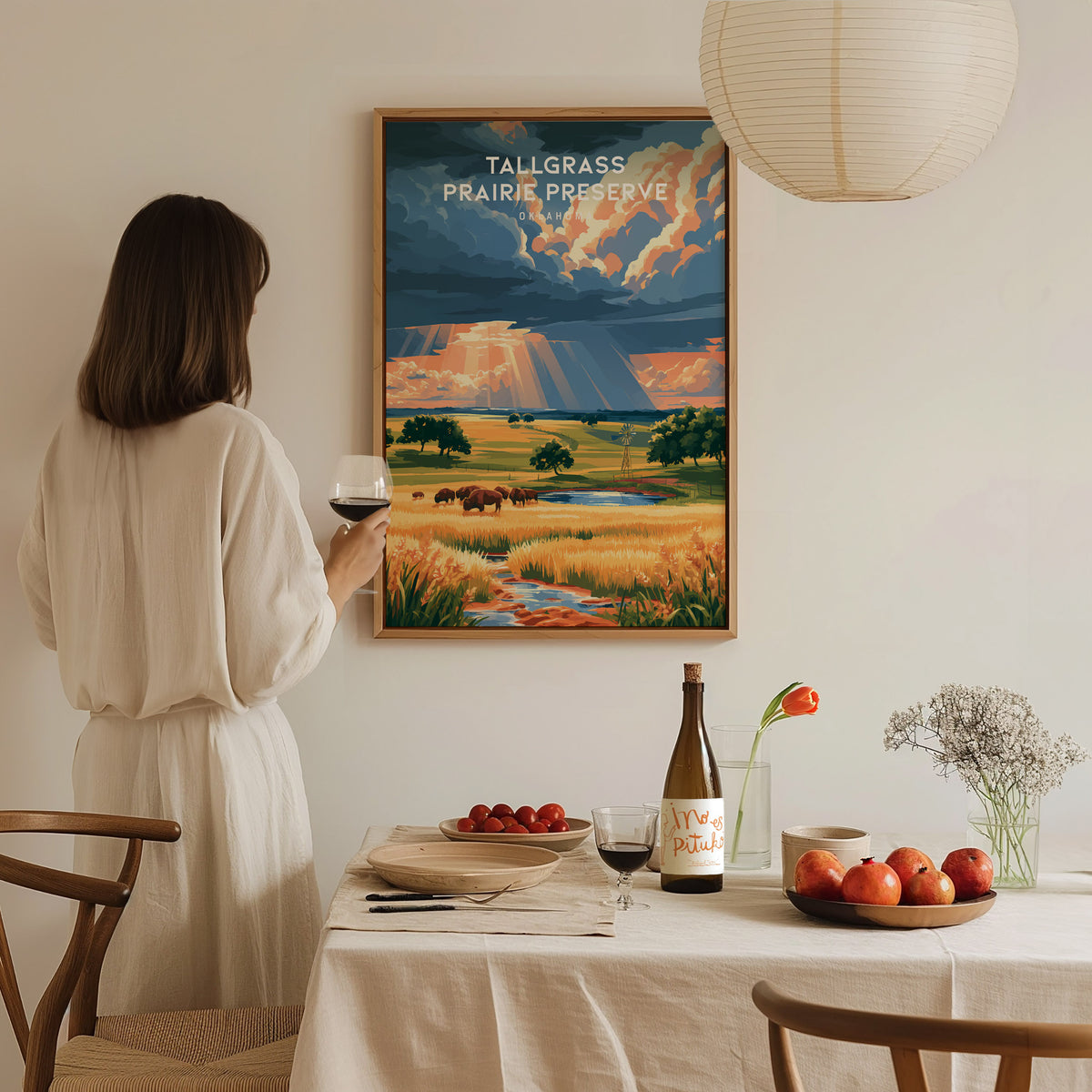 Tallgrass Prairie Preserve, Oklahoma Poster | Golden Plains & Bison Framed or Unframed Wall Art — styled in a modern interior