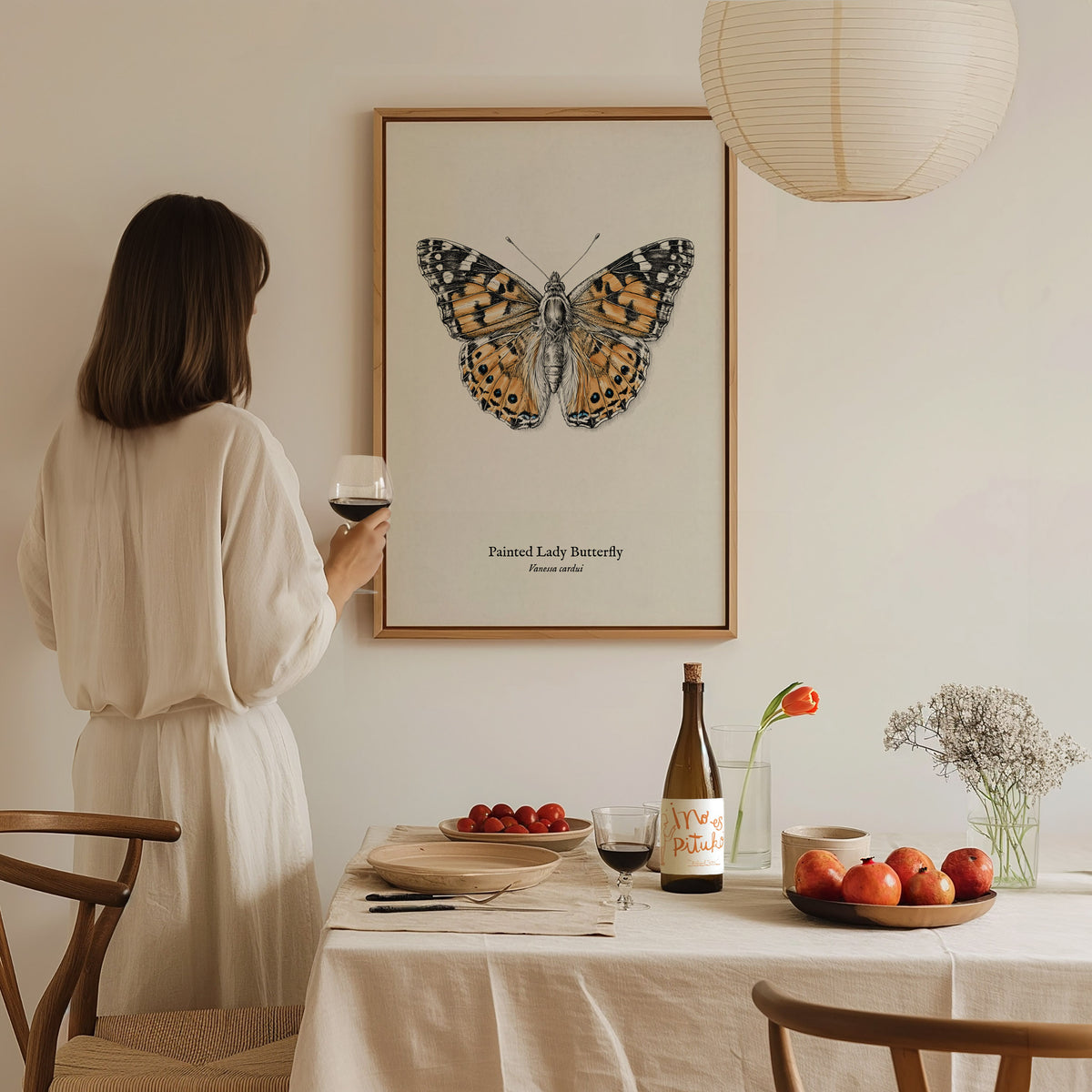 Painted Lady Butterfly Poster | Vintage Vanessa cardui Zoological Illustration Wall Art — styled in a modern interior