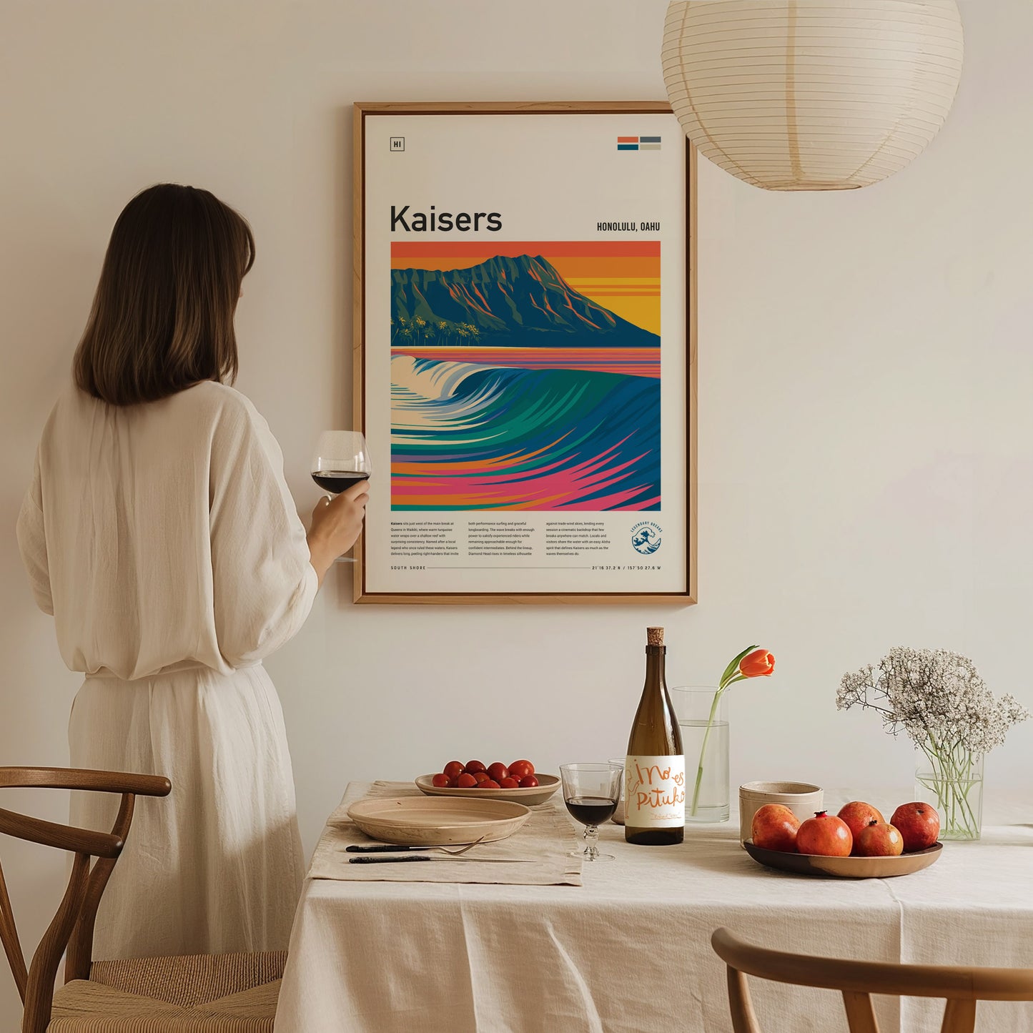 Kaisers, Hawaii Poster | Golden Surf & Diamond Head Wall Art — styled in a modern interior