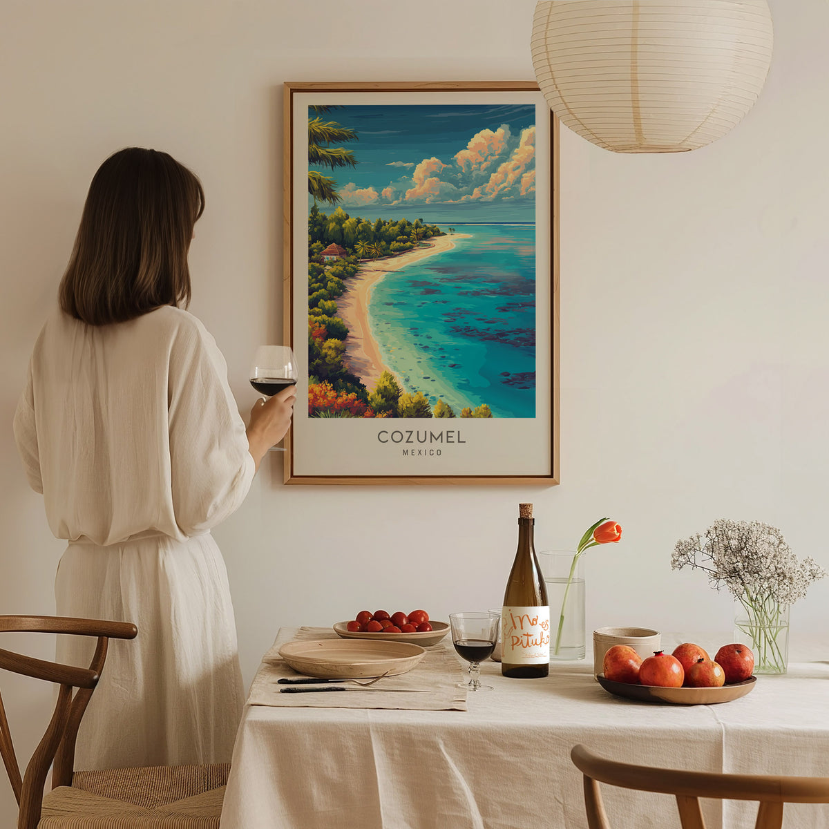 Cozumel Matte Border Poster | Mexico Coastal Beach Decor Vacation Wall Art — styled in a modern interior