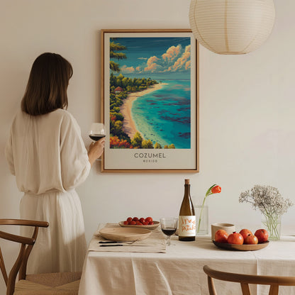 Cozumel Matte Border Poster | Mexico Coastal Beach Decor Vacation Wall Art — styled in a modern interior