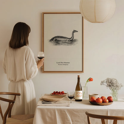 Loch Ness Monster Poster | Vintage Nessiteras rhombopteryx Zoological Illustration Wall Art — styled in a modern interior