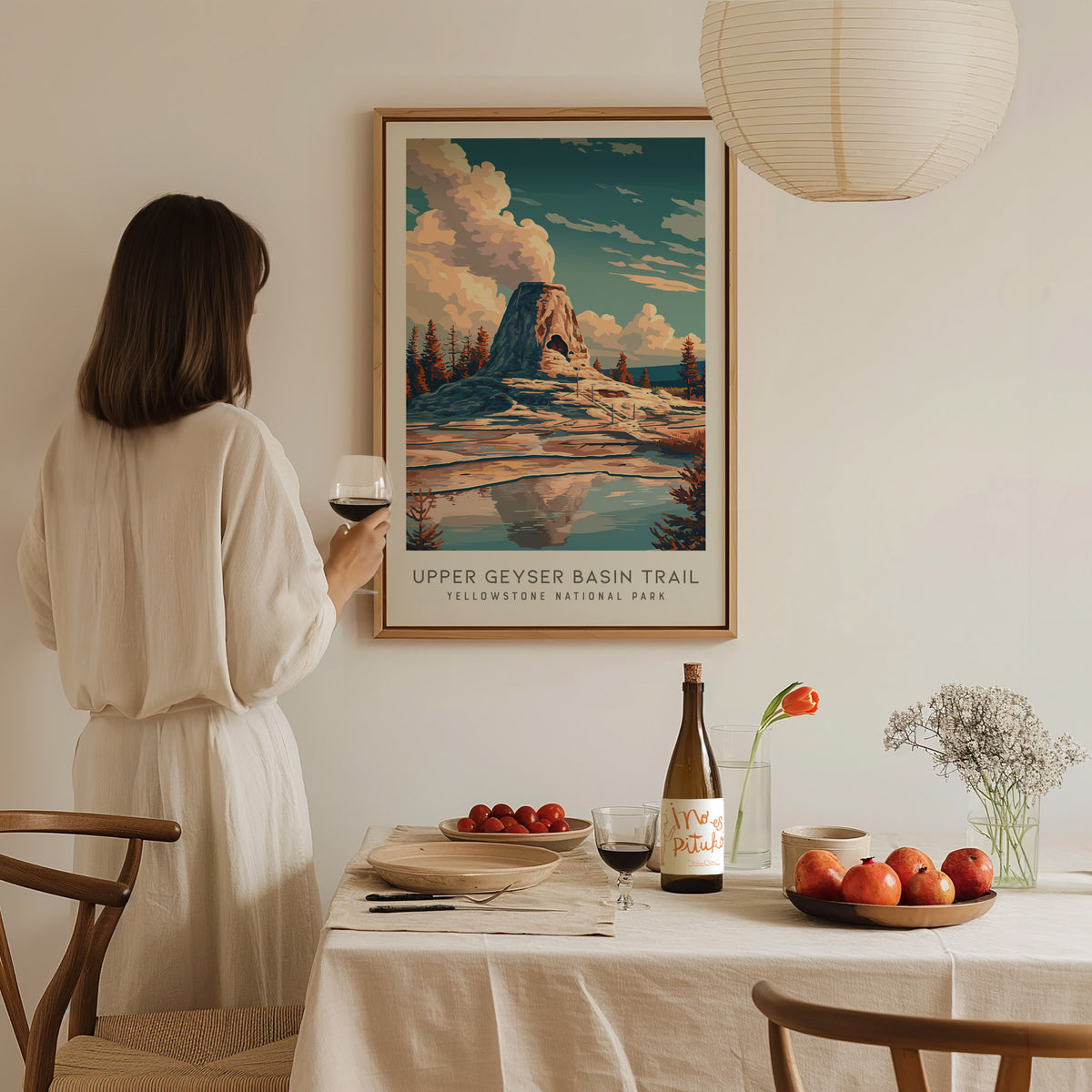 Upper Geyser Basin Trail Matte Border Poster | Yellowstone National Park Destination Print — styled in a modern interior