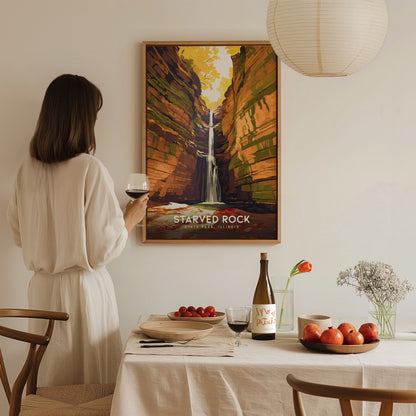 Starved Rock State Park, Illinois Poster | Canyon Waterfall Destination Print Wall Art — styled in a modern interior