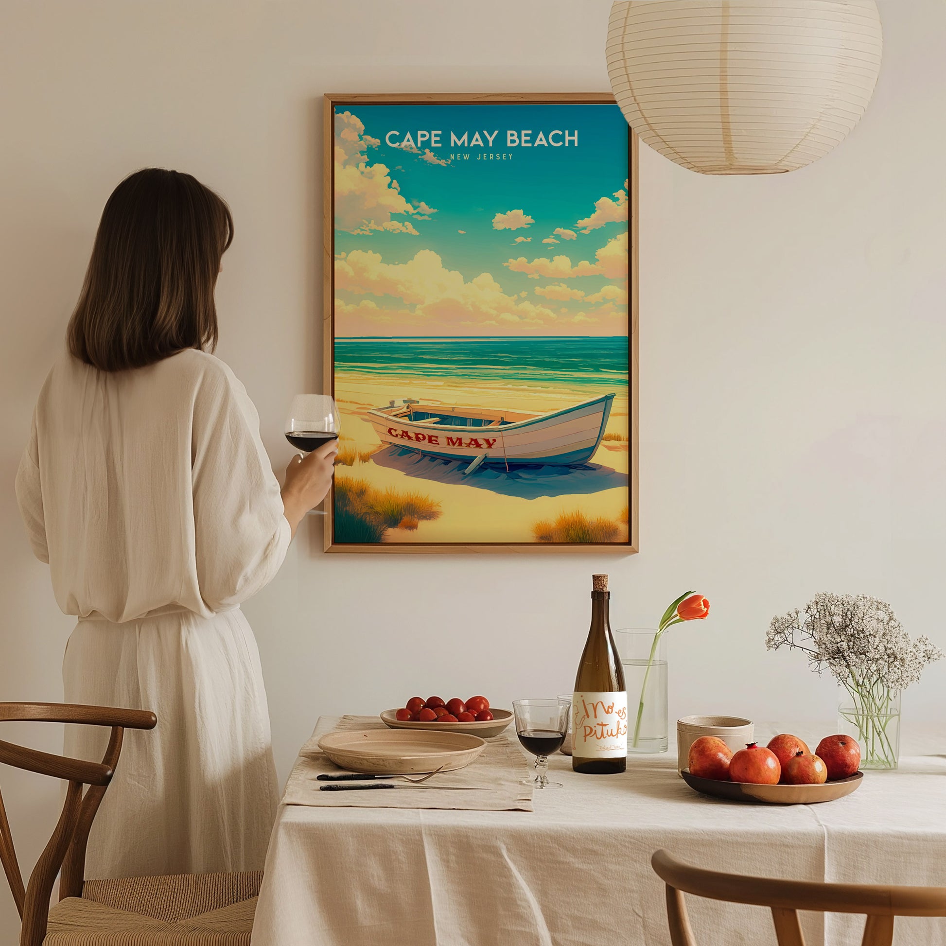 Cape May Beach, New Jersey Poster | Victorian Shore & Sunset Coastal Beach Decor — styled in a modern interior
