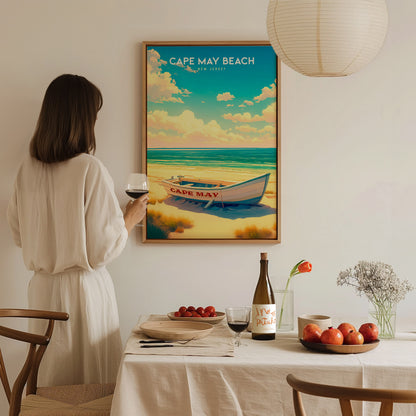 Cape May Beach, New Jersey Poster | Victorian Shore & Sunset Coastal Beach Decor — styled in a modern interior
