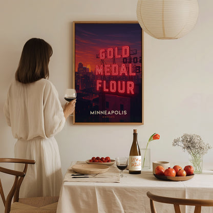 Minneapolis Poster | Gold Medal Flour Sign Night Skyline Art