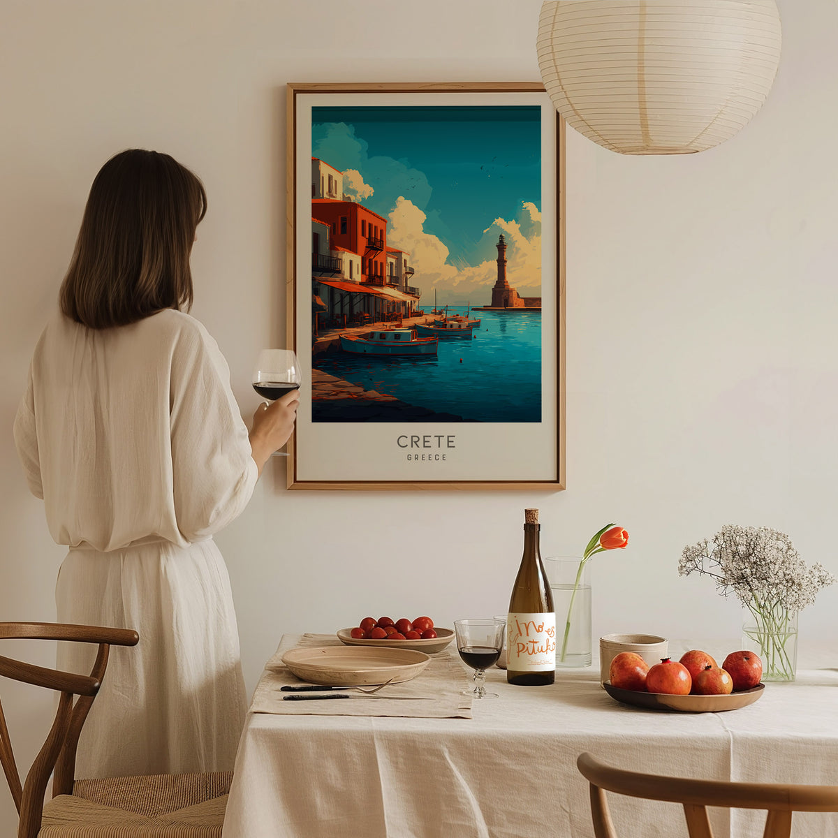 Crete Matte Border Poster | Greece Coastal Beach Decor Travel Wall Art — styled in a modern interior