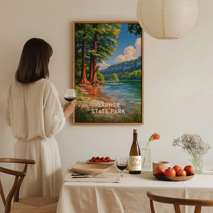 Garner State Park, Texas Poster | Hill Country River Destination Print Wall Art — styled in a modern interior