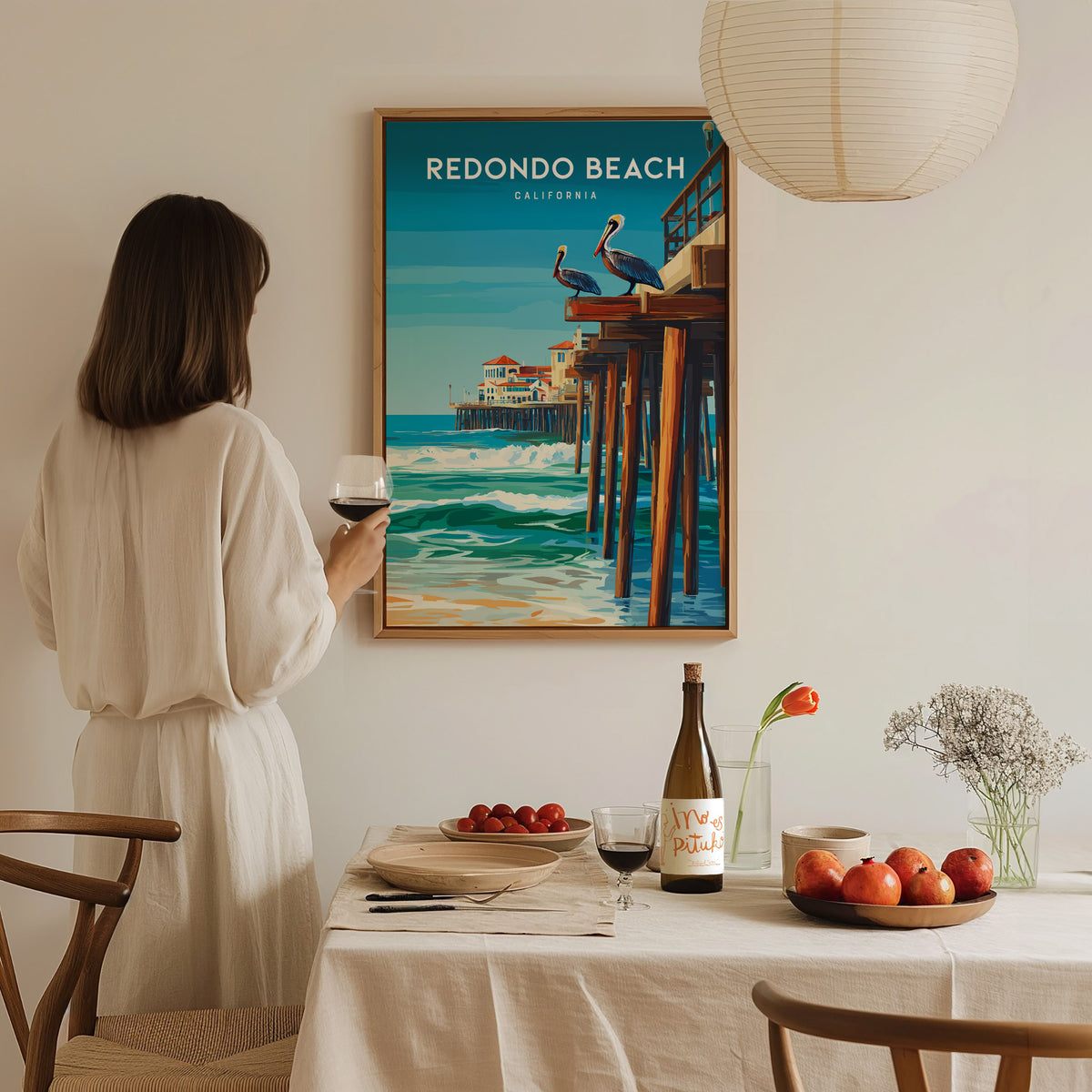 Redondo Beach, California Poster | Sun-Kissed Pier & Sailboat Wall Art — styled in a modern interior
