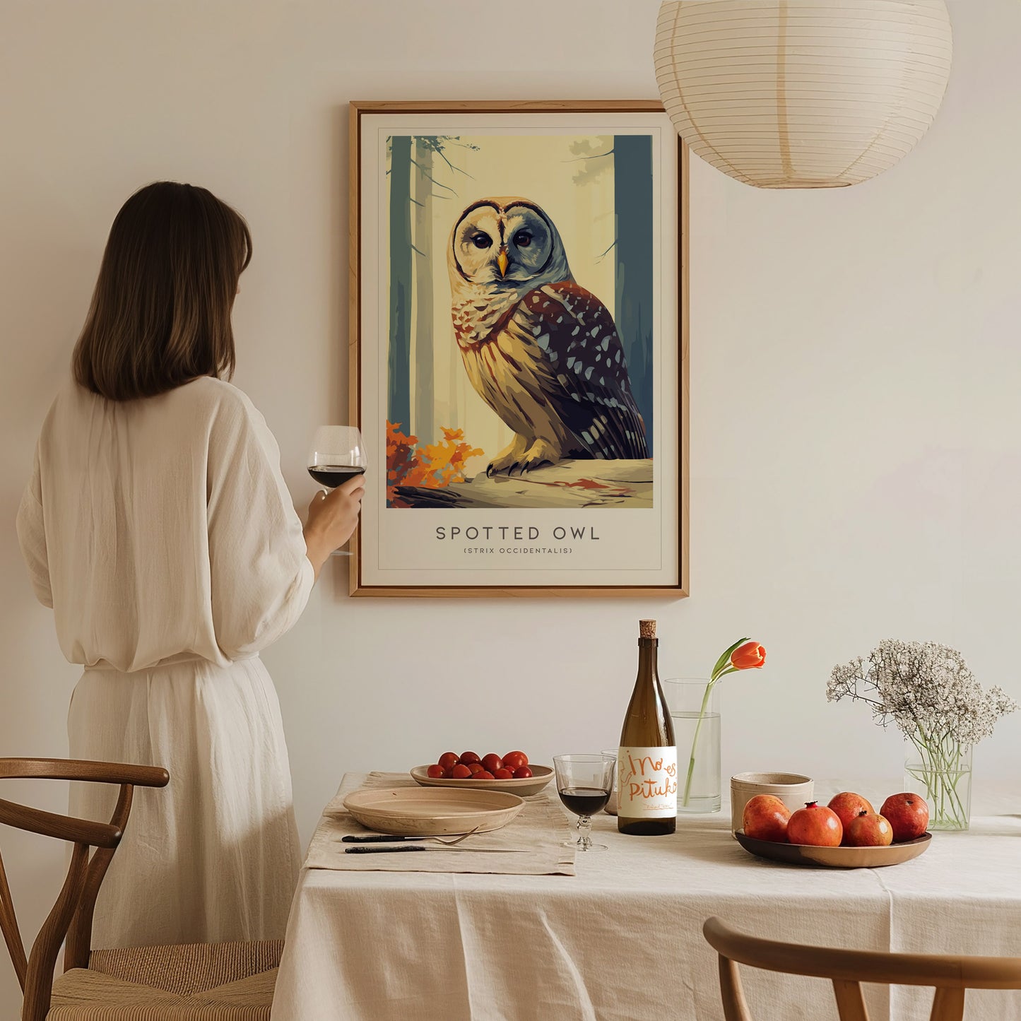 Spotted Owl Poster | Mysterious Forest Raptor Fine Wall Art — styled in a modern interior