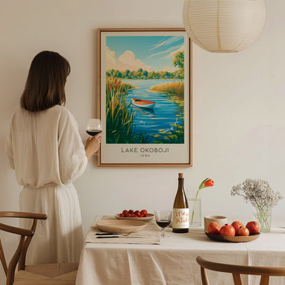 Lake Okoboji Matte Border Poster | Iowa Great Lakes Travel Wall Art — styled in a modern interior