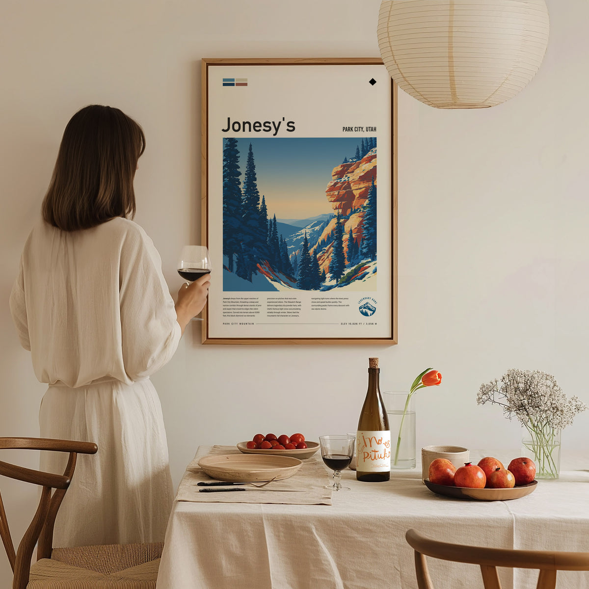 Jonesy's, Park City, Utah Poster | Ski Lodge Decor Mountain Wall Art — styled in a modern interior