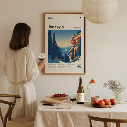 Jonesy's, Park City, Utah Poster | Ski Lodge Decor Mountain Wall Art — styled in a modern interior