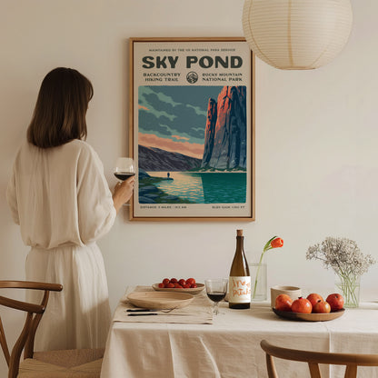 Sky Pond, Rocky Mountain National Park Poster | Hiker Gift | Backcountry Trail Wall Art — styled in a modern interior