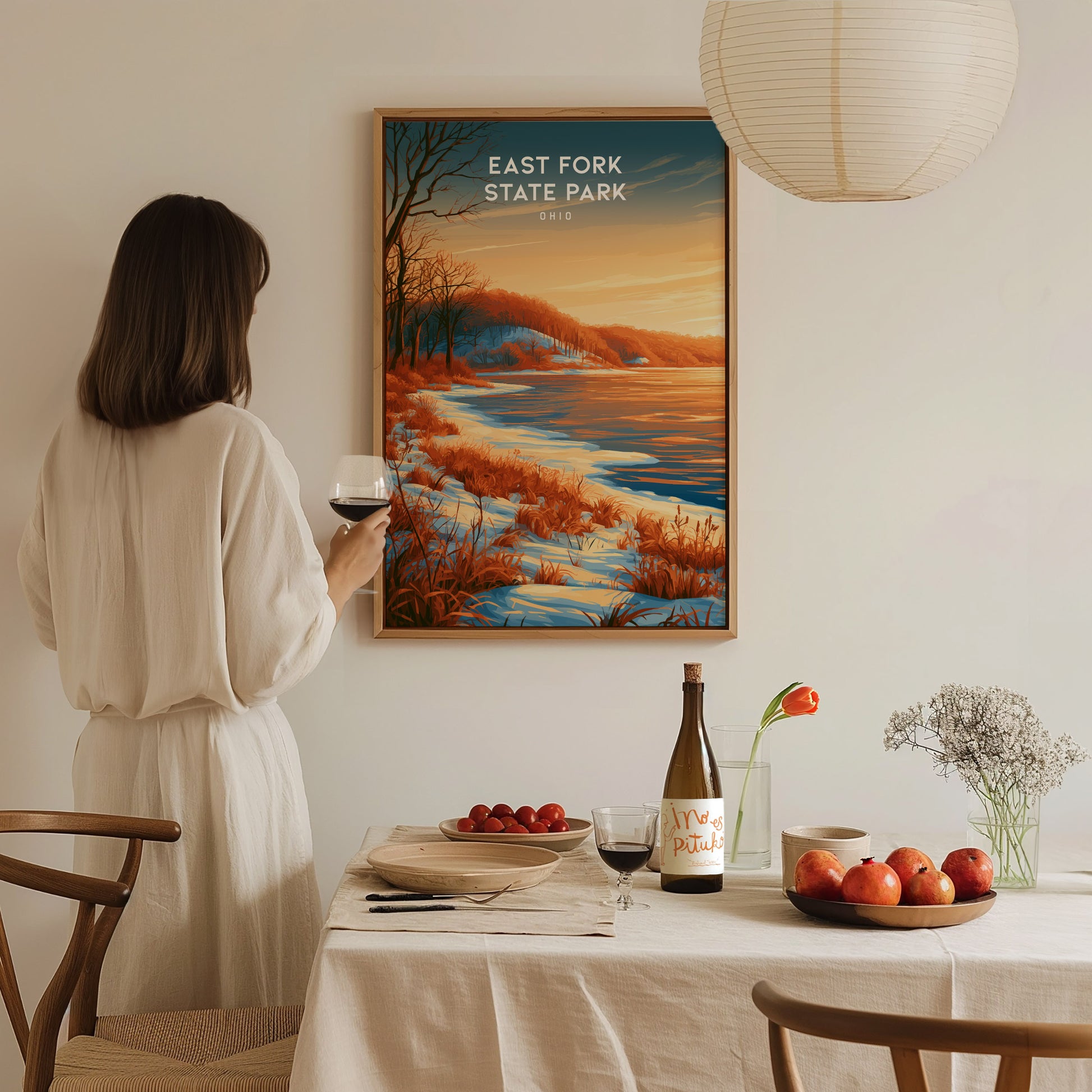 East Fork State Park, Ohio Poster | Lakeside Serenity & Rolling Hills Wall Art — styled in a modern interior