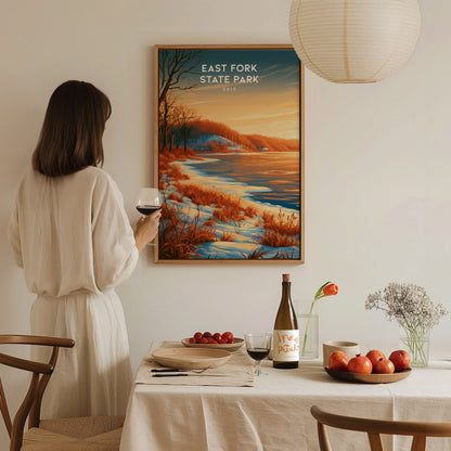 East Fork State Park, Ohio Poster | Lakeside Serenity & Rolling Hills Wall Art — styled in a modern interior