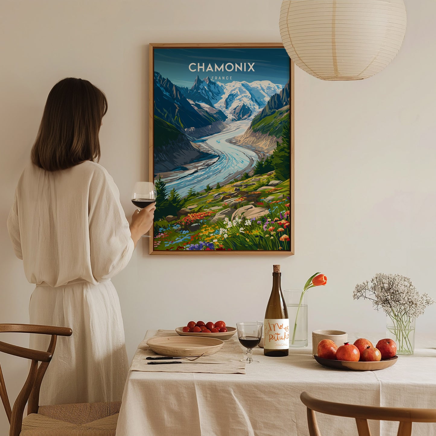 Chamonix, France Poster | Alpine Mountain Village Destination Print Wall Art — styled in a modern interior
