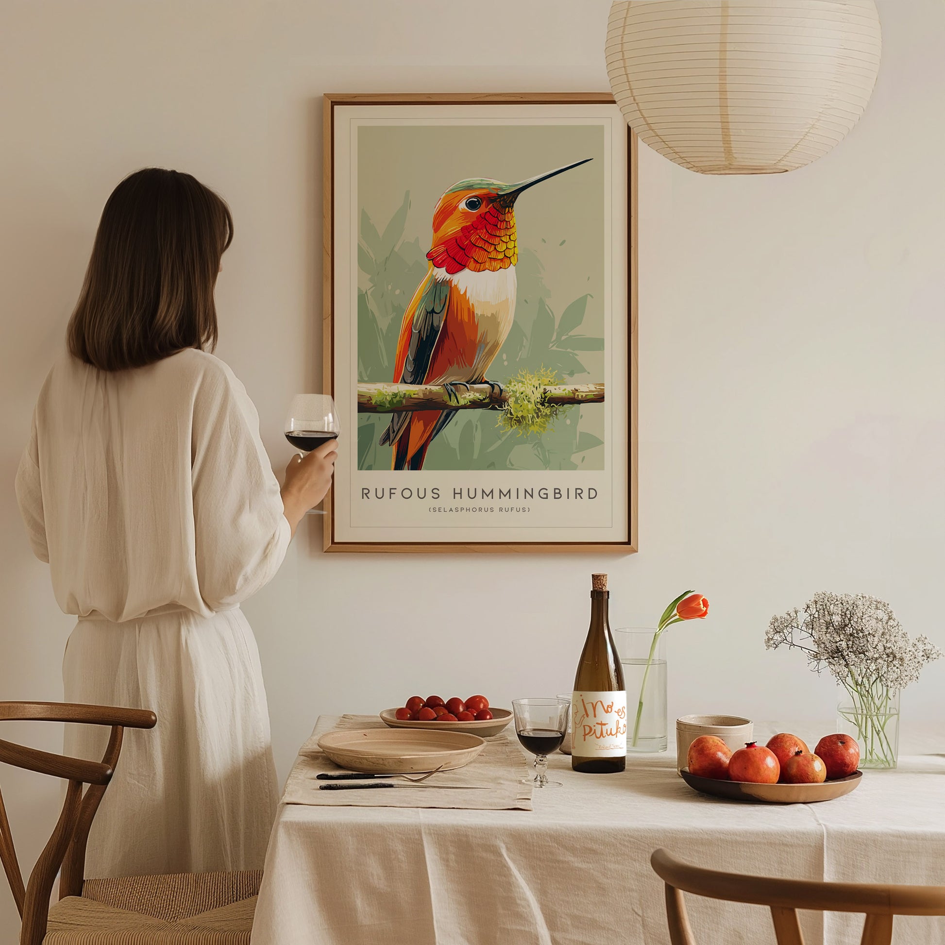 Rufous Hummingbird, Selasphorus rufus Poster | Vibrant Bird Wall Art — styled in a modern interior