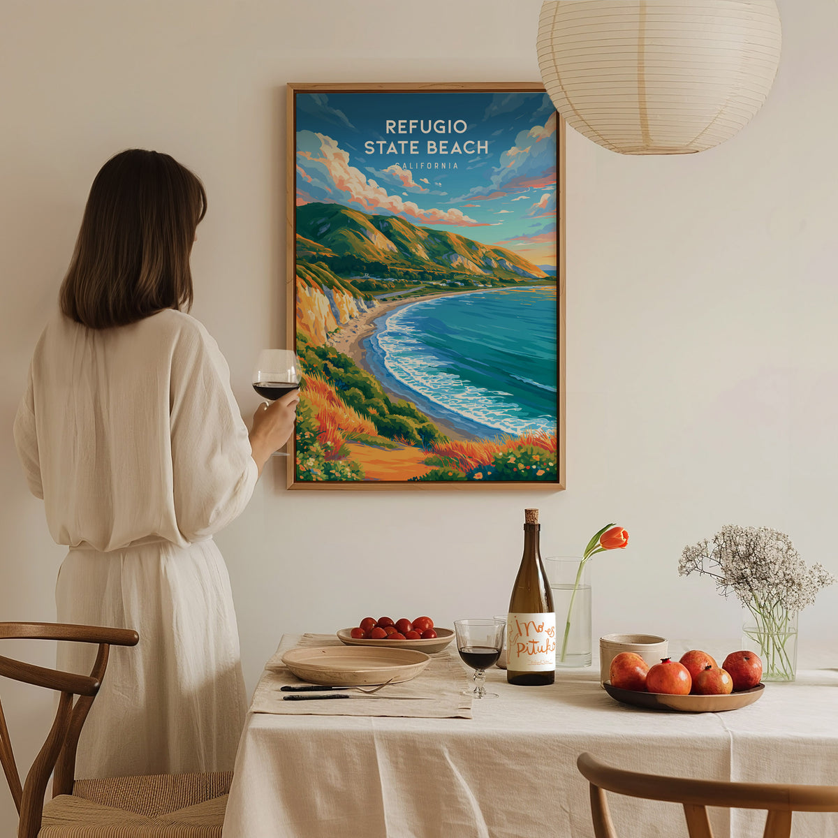 Refugio State Beach, California Poster | Golden Bluffs & Ocean Breeze Wall Art — styled in a modern interior