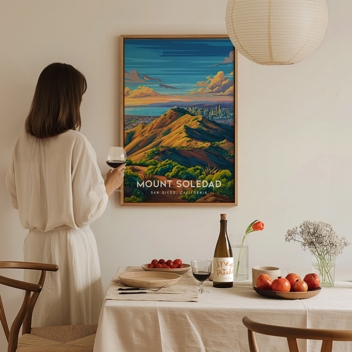 Mount Soledad, California Poster | Cross & Coastline Panoramic View Wall Art — styled in a modern interior