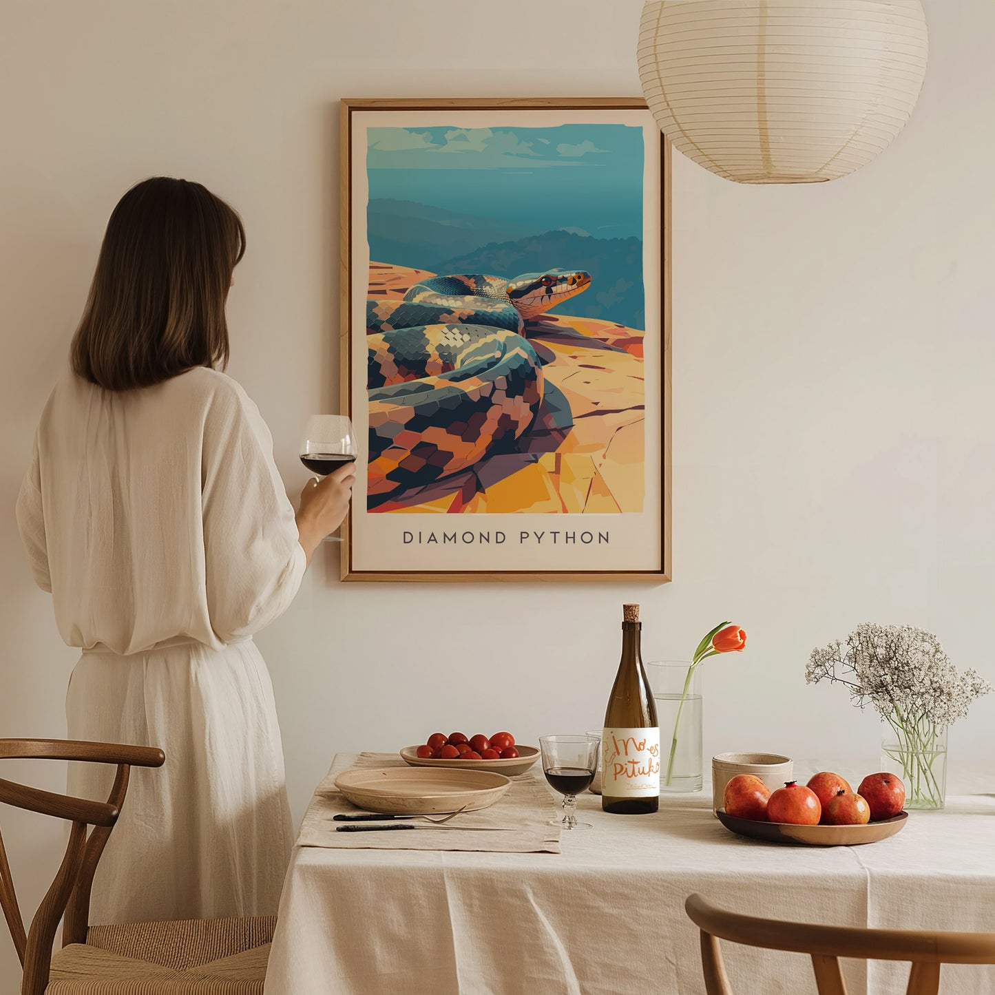 Diamond Python, Australia Poster | Serpent in the Sunlit Canopy Wall Art — styled in a modern interior