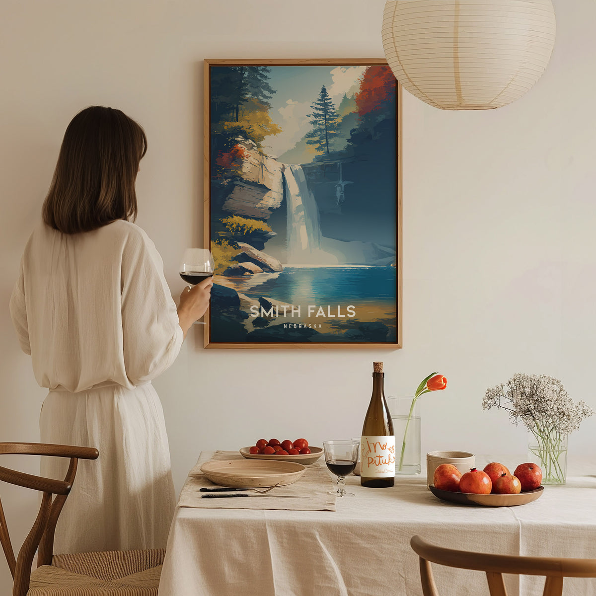 Smith Falls, Nebraska Poster | Waterfall Adventure Destination Print Wall Art — styled in a modern interior