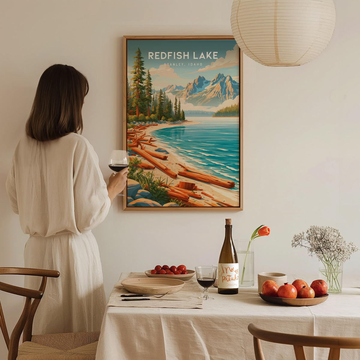 Redfish Lake, Stanley, Idaho Poster | Mountain Lake Destination Print Wall Art — styled in a modern interior