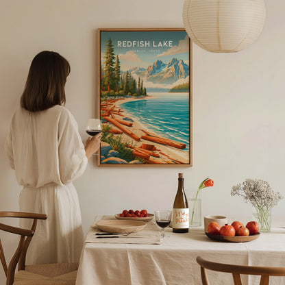 Redfish Lake, Stanley, Idaho Poster | Mountain Lake Destination Print Wall Art — styled in a modern interior