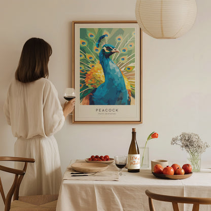 A woman in a white dress stands near a dining table, admiring a colorful peacock art print on the wall. The table is set with a bottle of wine, a plate of apples, and a small vase of flowers, creating a warm and inviting atmosphere.