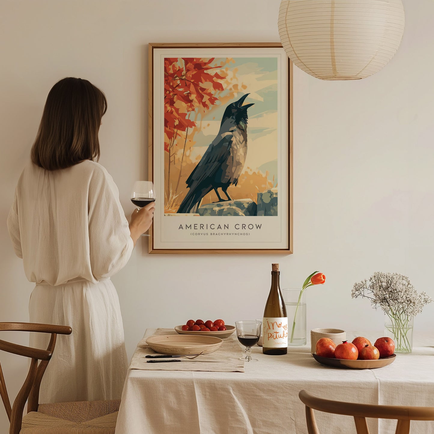 American Crow Poster | Dark Elegance Corvid Bird Wall Art — styled in a modern interior